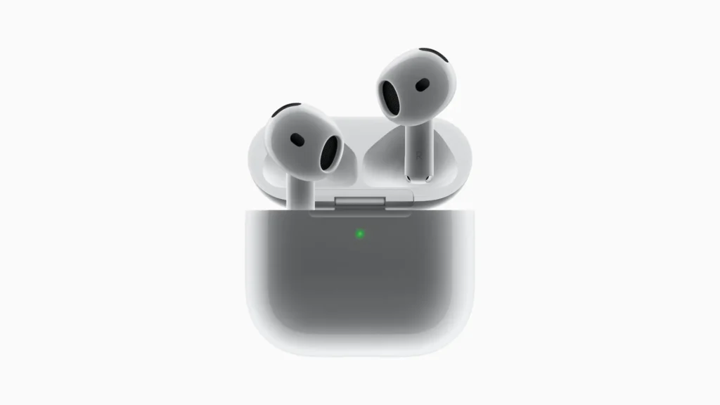 a white wireless earbuds in a charging case