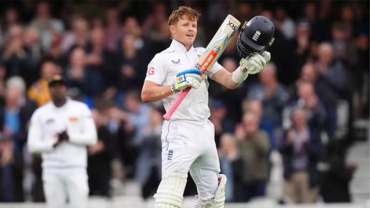 1. England's Ollie Pope celebrates his century against Sri Lanka, marking a significant achievement in the third Test match.